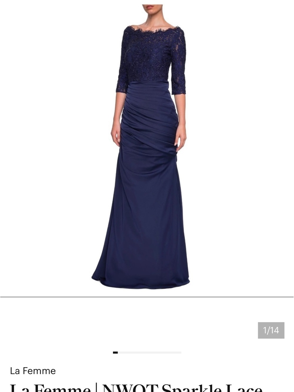 La Femme Navy Lace Bodice Ruched Long Sleeve Evening Gown